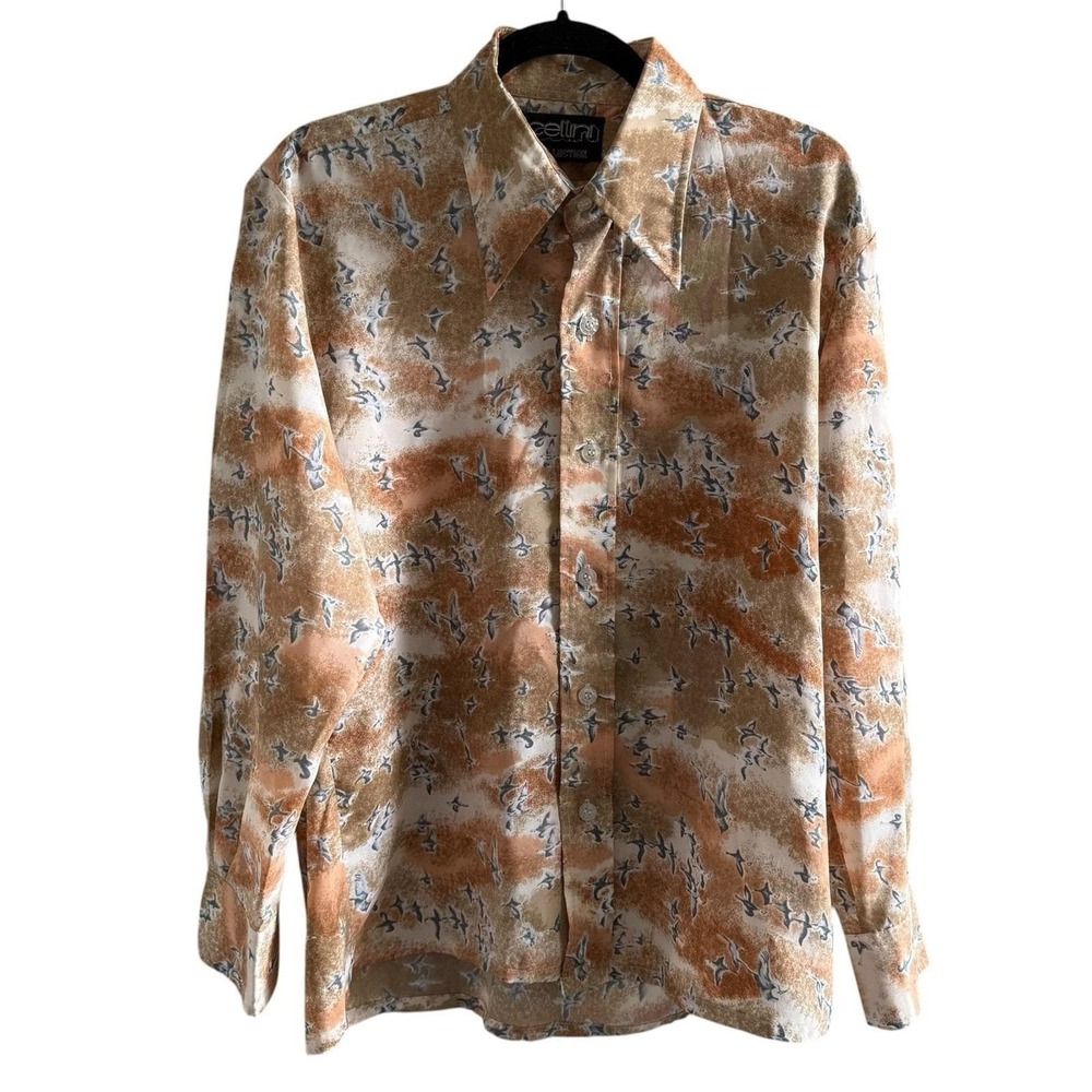 Vintage 1970s Men's Disco Collared Shirt Size L/XL Birds AOP Rockabilly Retro